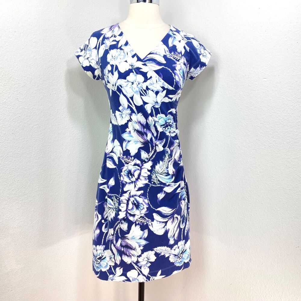 Soft Surroundings Blue Floral A-Line Dress PXS Surplice Cap Sleeves Ruched Side